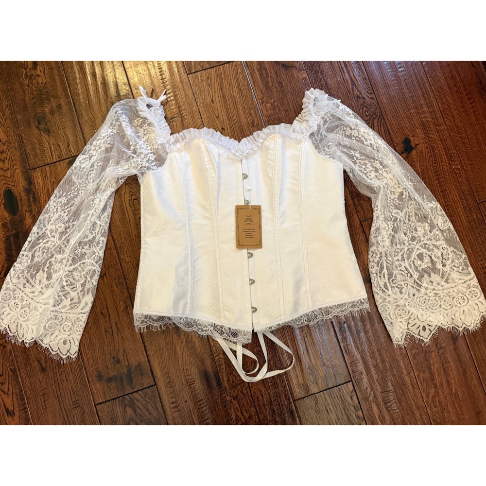 Fashion Costumes White Lace Corset Top Long Bell Sleeve Renaissance 2XL NWT